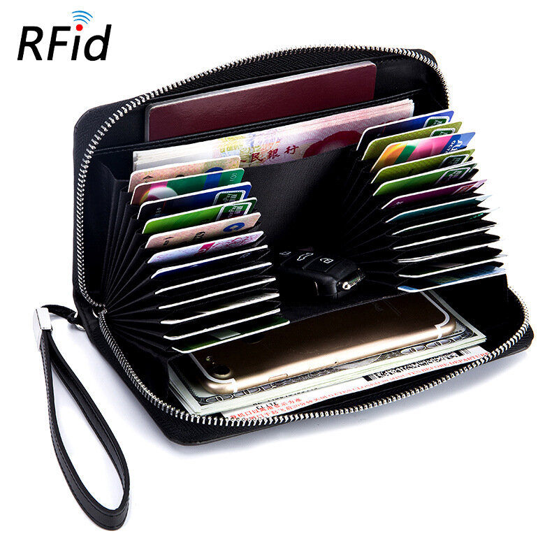 

Men Women RFID Blocking Genuine Leather Multi-Card Large-Capacity Card Holder New Clutch Zipper Phone Bag