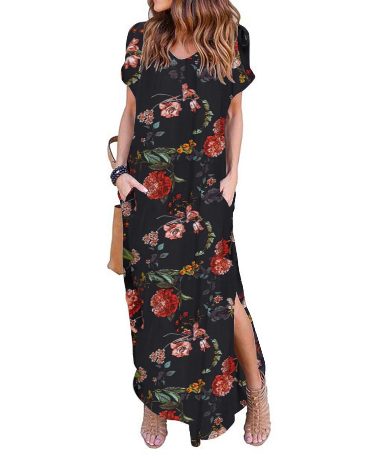 Image of Frauen Sommer Blumendruck V-Ausschnitt Kurzarm Casual Loose Long Maxi Kleid