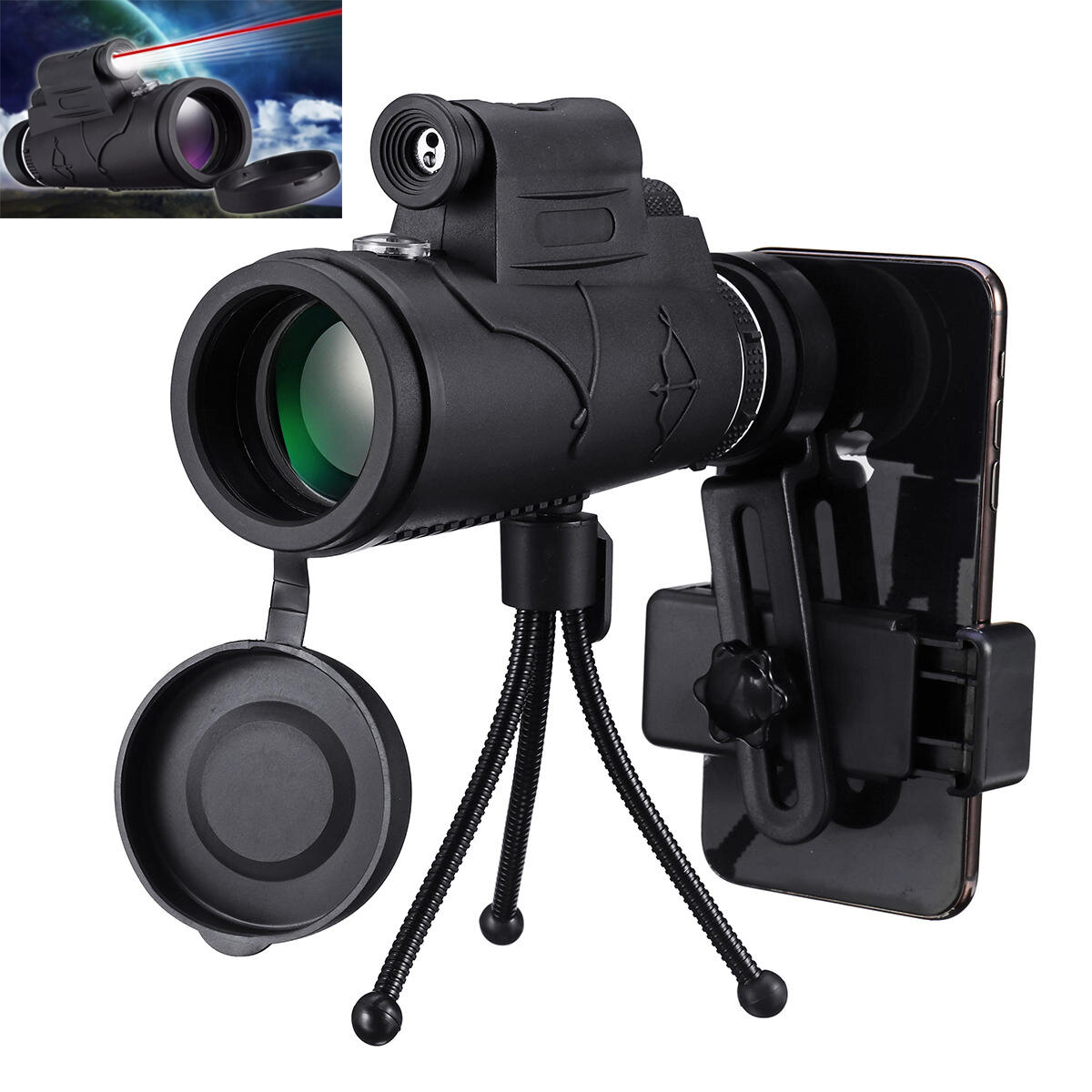 IPRee® MLS-L1 40x60 Monocular HD Óptica BAK4 Telescopio de linterna LED de visión nocturna baja con soporte para teléfono trípode
