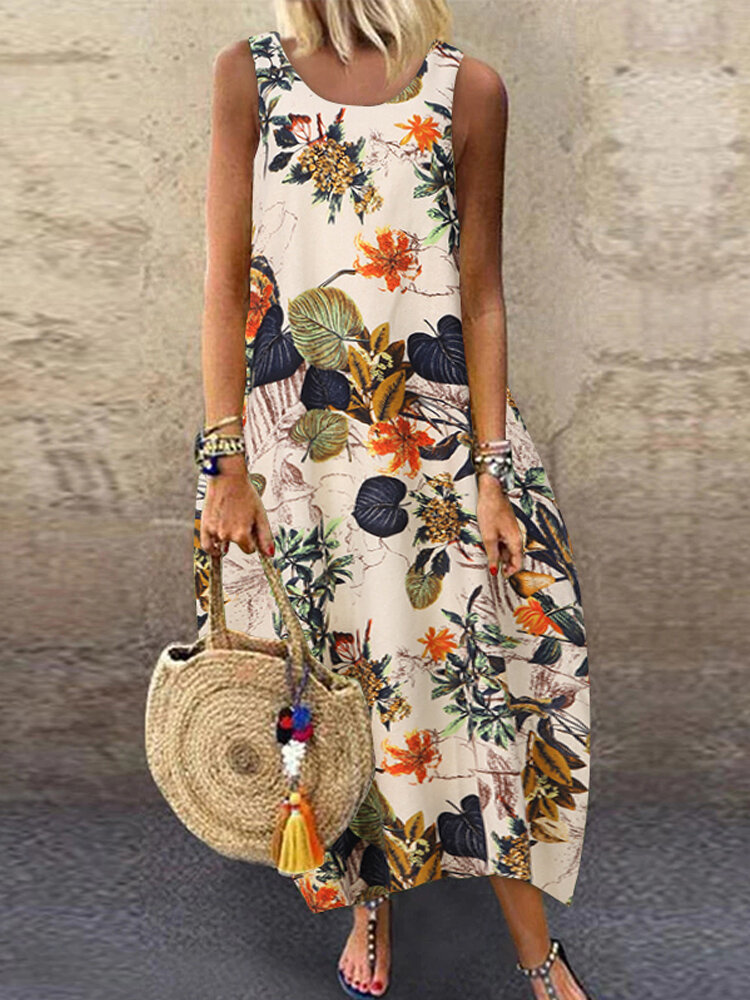 Sleeveless O-neck Loose Causal Floral Print Maxi Dress