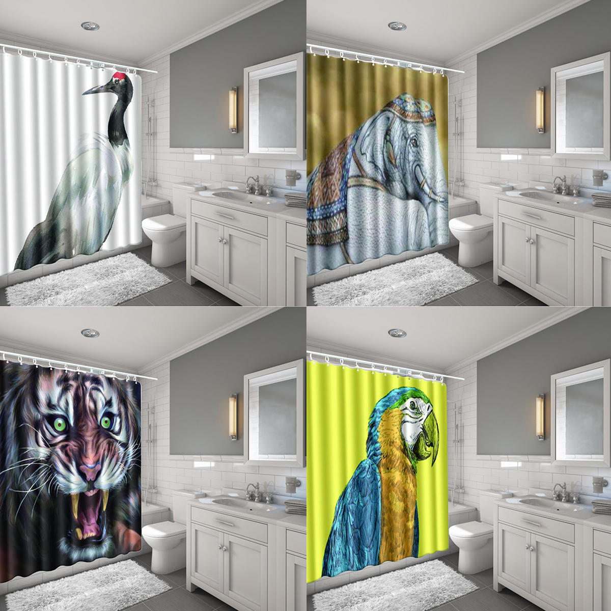 Waterproof Fabric Scenery Bathroom Shower Curtain Panel Sheer and Bath Mat Toilet Cover Bath Rugs