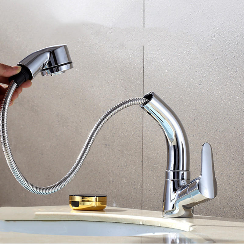 

Pull Out Bathroom Faucet Basin Sink Mixer Faucet Hot and Cold 360 Degree Rotating Retractable Water Mixer Tap Deck Mount