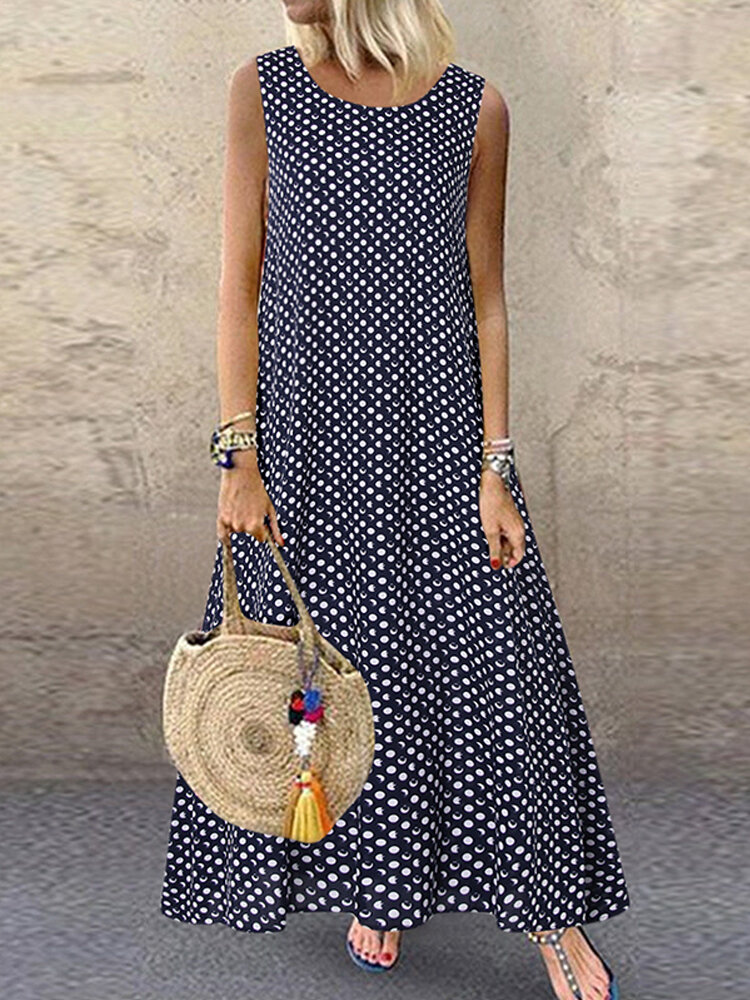 Women Bohemian Sleeveless O-neck Polka Dot Print Maxi Dress