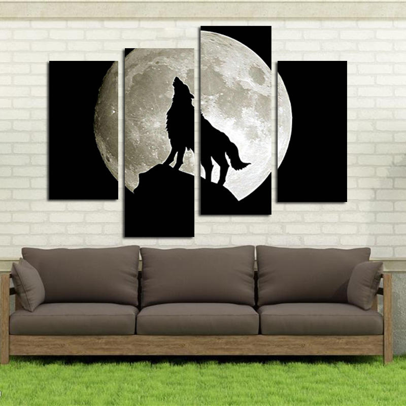 

Miico Hand Painted Four Combination Decorative Paintings Full Moon Black Wolf Wall Art For Home Decoration