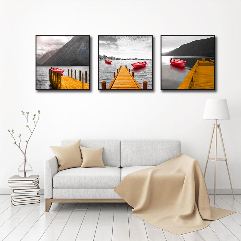 Miico Hand Painted Three Combination Decorative Paintings Red Boat Wall Art For Home Decoration