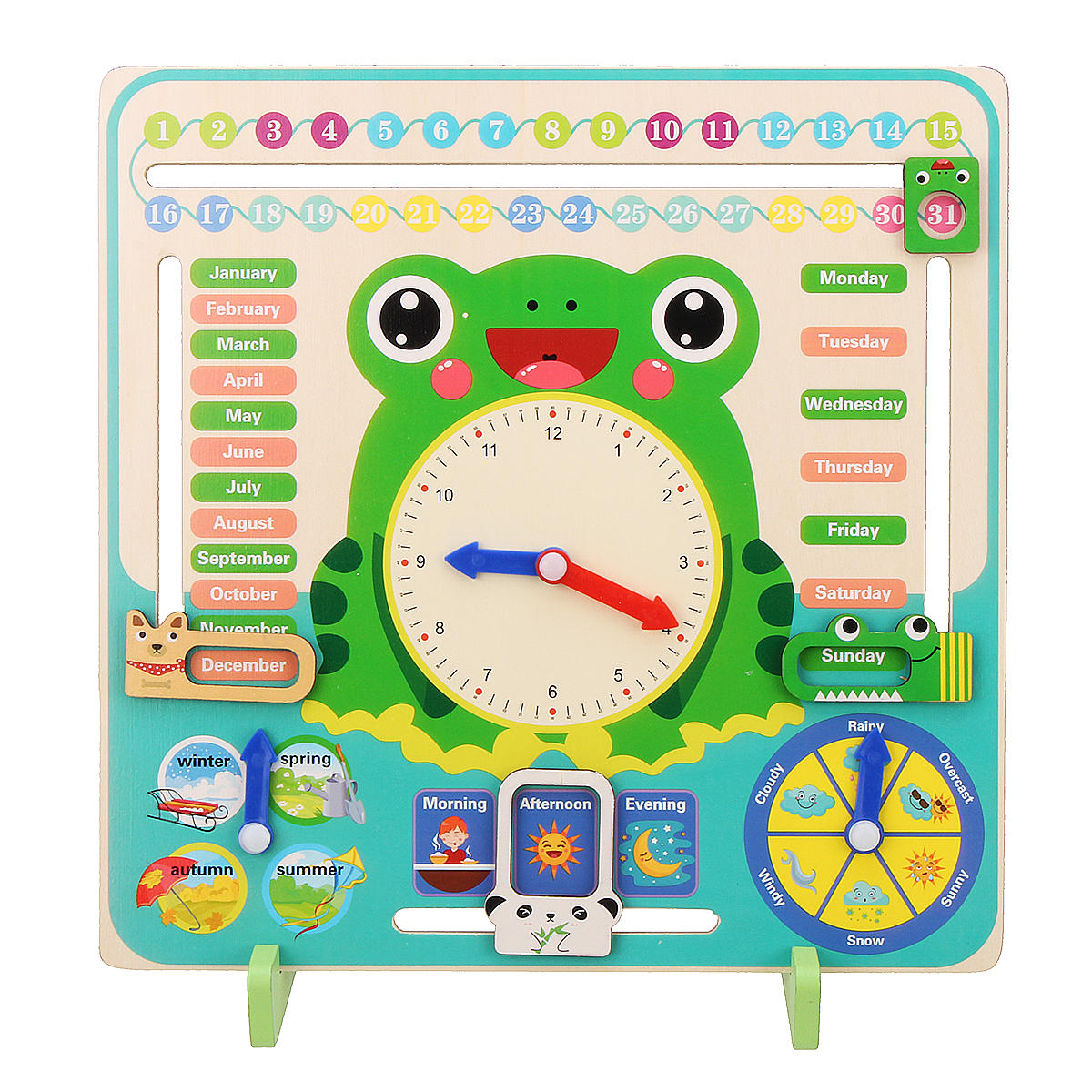Kids Wooden Frog Clock Calendar Date Weather Board Learning Educational Toy 