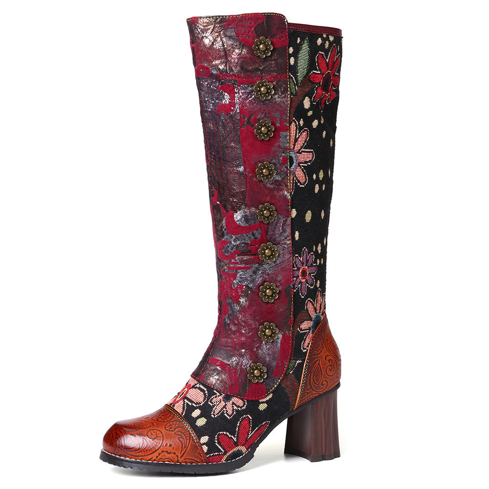SOCOFY Vintage Flower Pattern Leather Stitching Boots