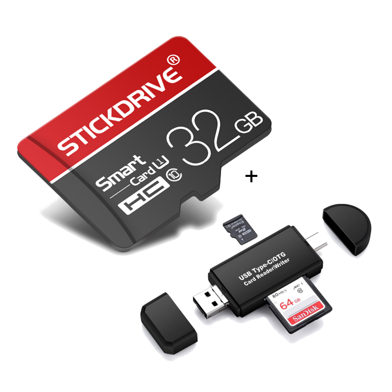 StickDrive 32GB Class 10 High Speed TF Memory Card with Camera Card Adapter+ 3 In 1 Type-C USB 2.0 Micro USB Memory Card