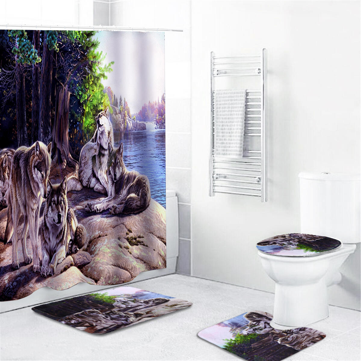4Pcs Wolf Shower Curtain Bathroom Anti-slip Carpet Rug Toilet Seat Lid  Cover 