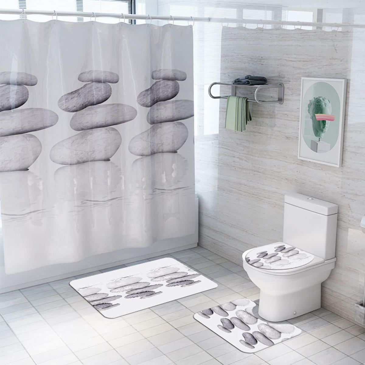 Waterproof Stone Reflection Shower Curtain Set Bathroom Toilet Four-piece Floor Mat Door Mat Toilet Cover Bathroom Carpe