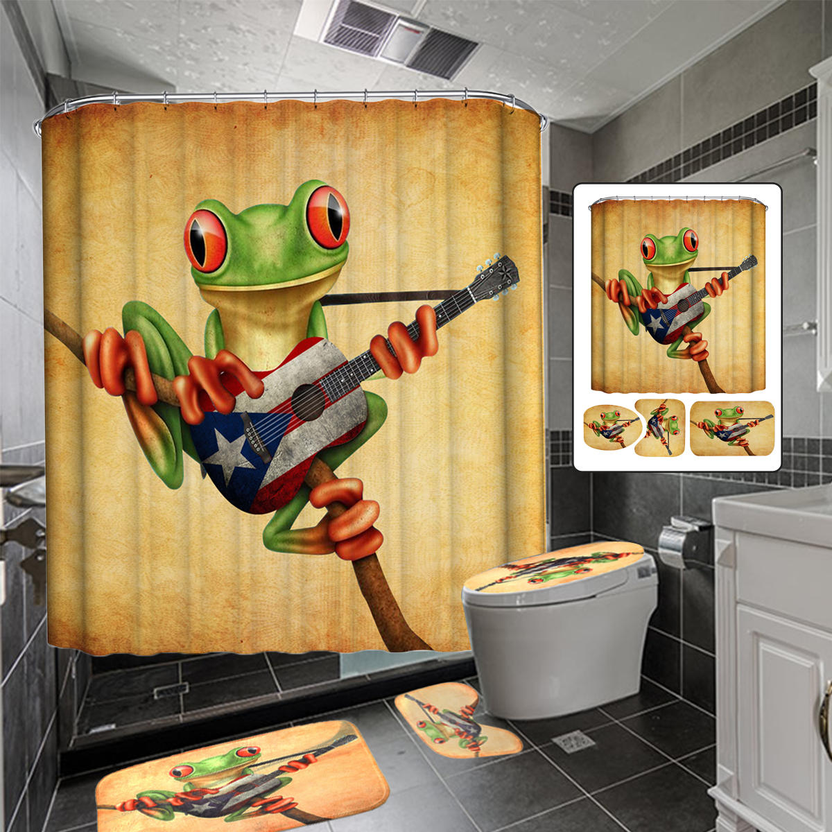 Kikker gitaar spelen badkamer douchegordijn antislip bad tapijt tapijten toiletbril cover badmat set
