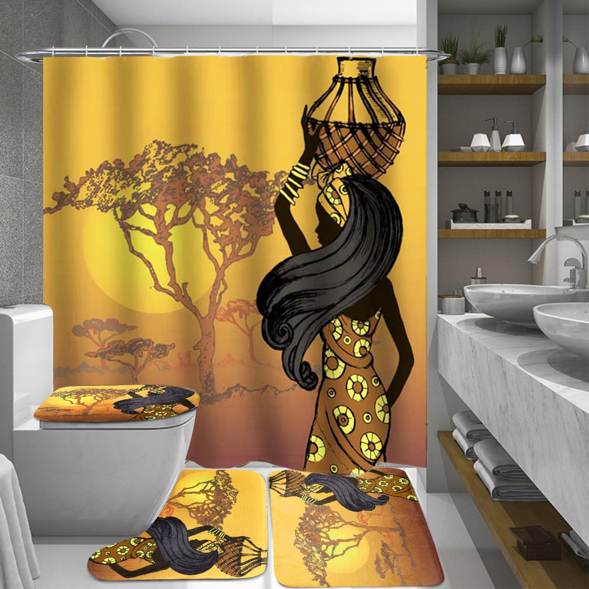 African Girl Badkamer Douchegordijn Toilet Cover Mat Antislipdeken Set 180x180cm