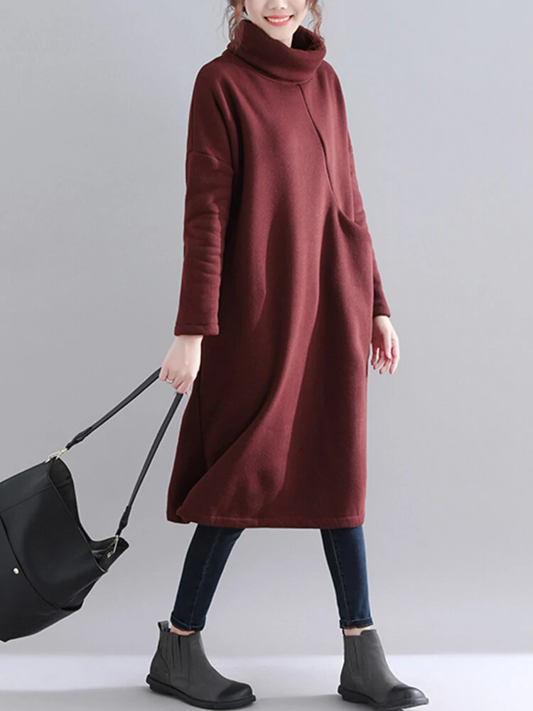 Women Solid Color Turtleneck Loose Long Sleeve Causal Sweatshirt Dress. 