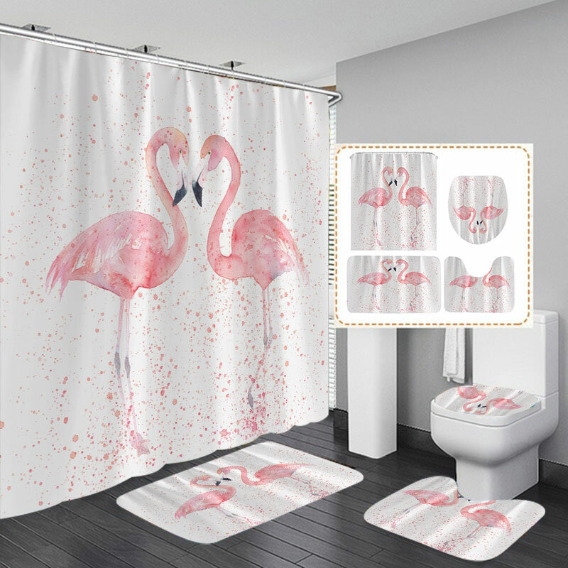 

1/3/4Pcs 3D Flamingo Waterproof Shower Curtain Waterproof Toilet Cover Non-slip Mat 3pcs Toilet Bathroom Decor