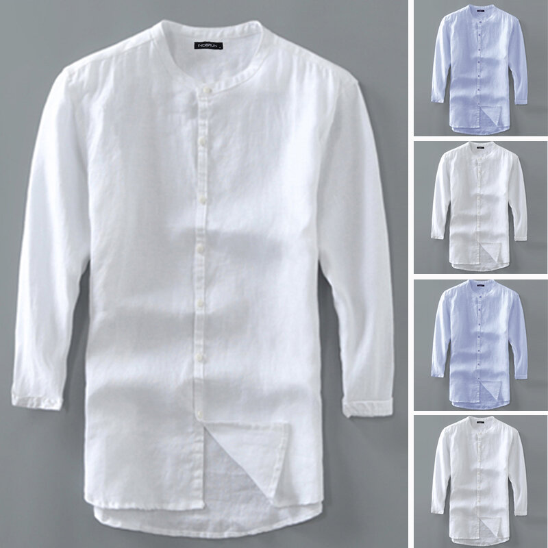 Mens Cotton Long Sleeve Summer Solid Shirts Casual Loose Dress Soft Tops Tee UK
