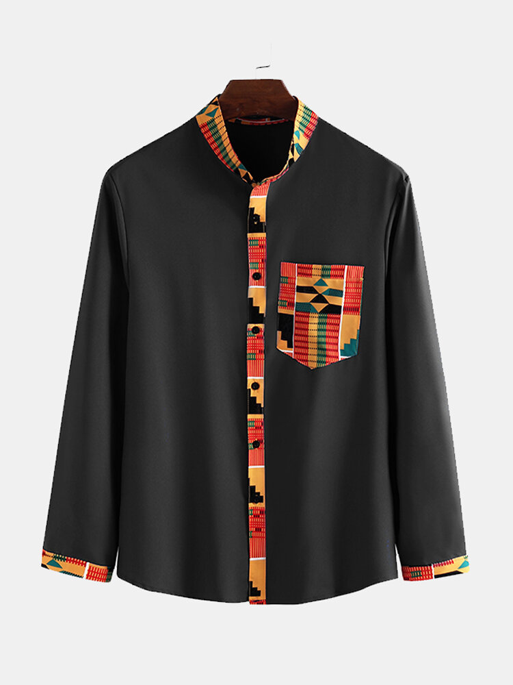 Heren etnische stijl patroon zak met lange mouwen casual shirts