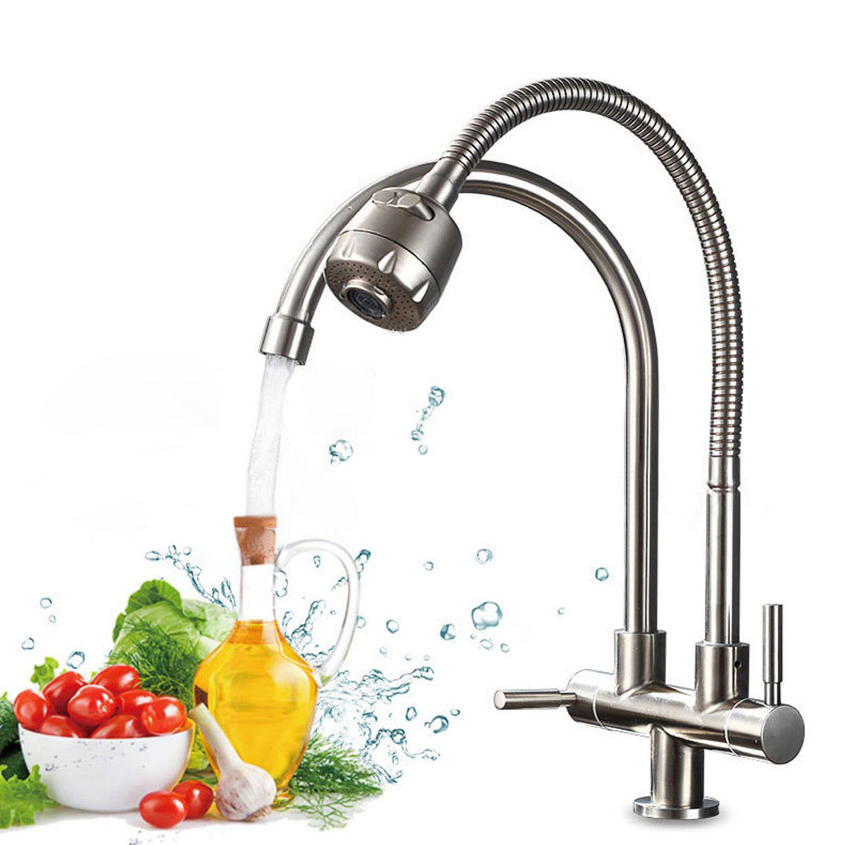 

Stainless Steel Double Hole Faucet Wash Basin Swivel Water Taps Mixer Tap