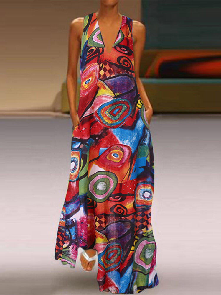 Women Casual Art Print V-Neck Sleeveless Dress