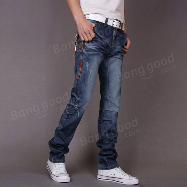 Jeans Fashion Men Folded Zip Faded Blue Jeans Straight Cowboy Pants ...