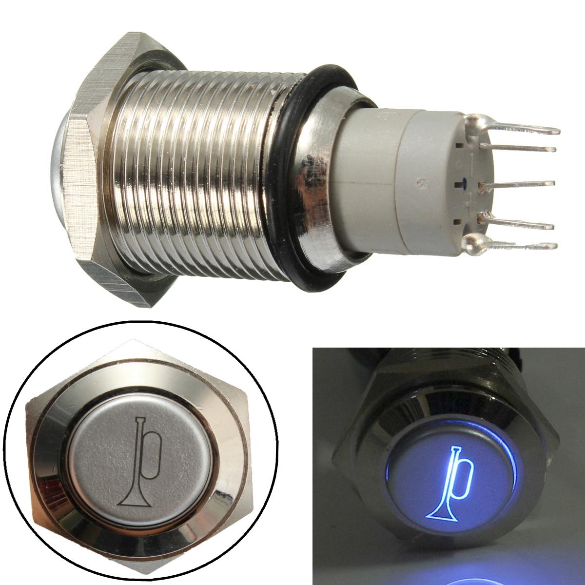 12V 16mm Waterdichte Momentaire Hoorn Metalen Push Button Switch Blue LED verlicht