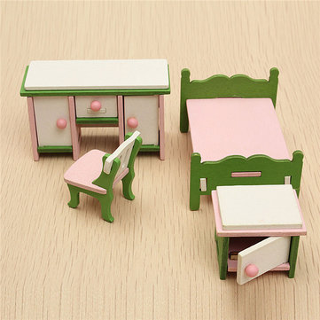 Dollhouse Miniature Bedroom Kit Wooden Furniture Set Families Role Play Toy