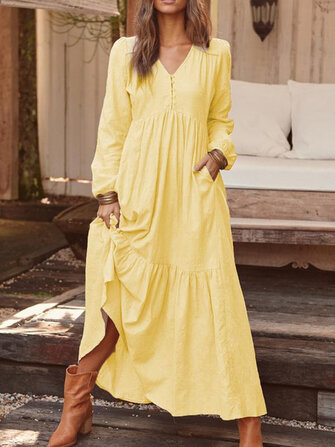 Women Solid Color V-neck Button Pleated Long Sleeve Vintage Maxi Dress