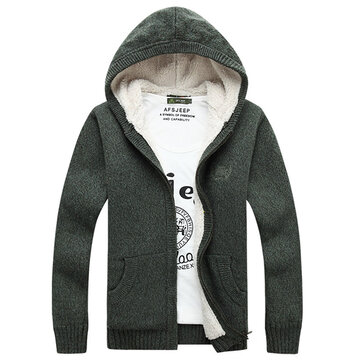 Men's Knitted Polar Fleece Hooded Sweaters Thicken Slim Cut Casual Cardigans Style Opening