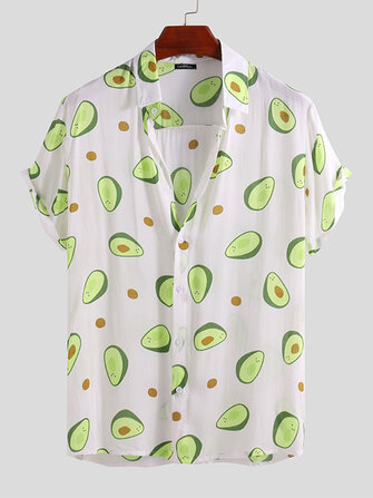 Mens Avocado Printed Summer Hawaiian Style Casual Vacation Fashion Shirts