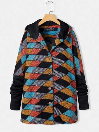 Women Vintage Geometric Color Block Print Patchwork Long Sleeve Hooded Coats