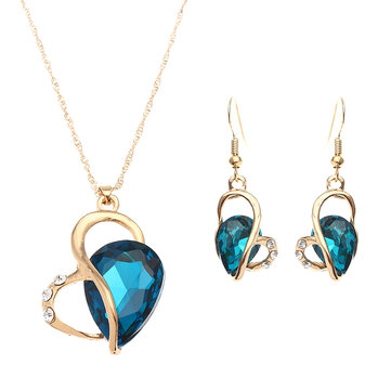 Heart Jewelry Set Water Drop Rhinestone Crystal Earrings Necklace Set Gift for Women