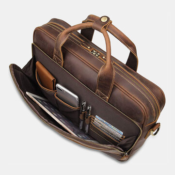 E Ekphero Men PU Leather Multi-pockets Multifunction Vintage 14 Inch Laptop Bag Briefcase Business Handbag Crossbody Bag
