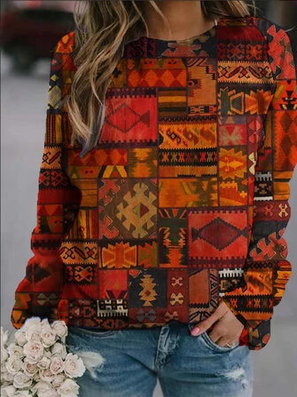 Women Vintage Ethnic Style Print O-Neck Pullover Long Sleeve Blouses
