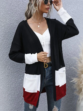 Women Colorblock Patchwork Long Sleeve Casual Knitted Cardigan Sweater With Pocket