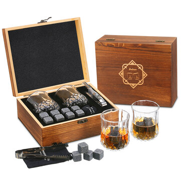 Whisky Stone Set Baban Reusable Ice Cubes 8 Ice Atones 2 Whisky Glasses Stainless Steel Clips with Fleece Bag Wooden Gift Best Gift for Men