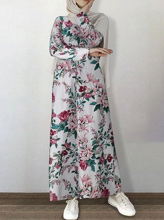 Women 100% Cotton Vintage Floral Print O-Neck Abaya Kaftan Long Sleeve Maxi Dress With Pocket