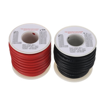 Pangyoo PYouo-Copper Wire 10meter High Temperature Silicone Cable Cord 10-26AWG 5m Red 5m Black Silicon Wire Tinned Koper Cable Tool Accessories Length : 5m red and 5m Black, Specification : 20AWG 