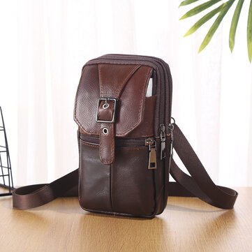 Menico Men's Genuine Leather Outdoor Casual Waist Bag Mobile Phone Organizer Three-Zip Multifunctional Messenger Bag