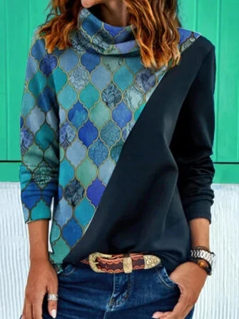 Women Geometry Graphic Patchwork Ethnic Style Heaps Collar Sweatshirts