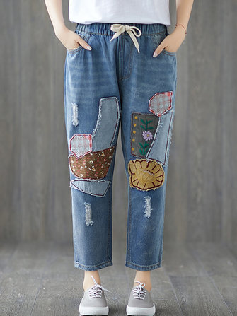  wanita kasual patchwork elastis pinggang denim jeans 