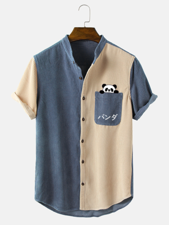 Mens Panda Japanese Print Patchwork Corduroy Short Sleeve Shirts