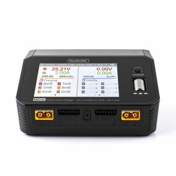 ToolkitRC M6DAC AC 200W DC 700W 15A*2 USB-C 65W QC3.0 Dual Channel Smart Lipo Battery Charger Discharger for 1-6S Lipo Battery