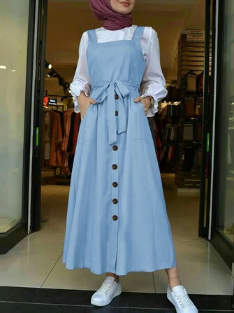 Women 100% Cotton Solid Color Straps Button Lace-Up Waist Maxi Dress With Pocket