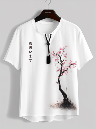 Mens Japanese Cherry Blossoms Print Tie Neck T-Shirts