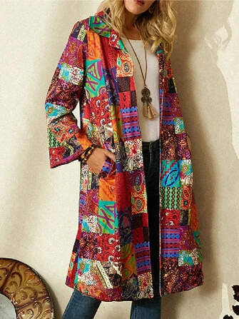 Women Tribal Print Colorblock Lapel Ethnic Style Jacket With Pocket