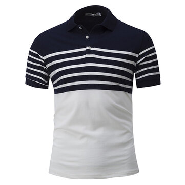 Men's casual concise stripes hit color lapel short sleeve t-shirt Sale ...