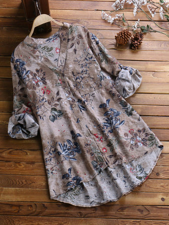 Vintage floral print v-neck long sleeve asymmetrical blouse Sale ...