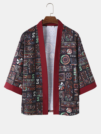 Mens Ethnic Tribal Geometric Print Contrast Trim Loose Kimono