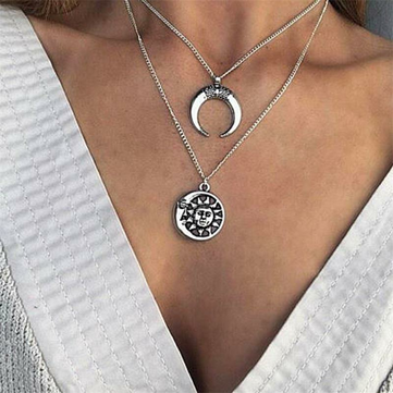 Vintage Sun Moon Pendant Necklace Charm Chain Multilayer Necklace Jewelry For Women