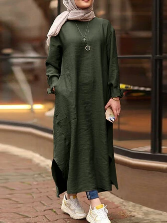Women Solid Color O-neck Long Sleeves Splited Robe Kaftan Casual Maxi Dress With Pocket