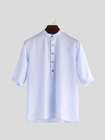 Men's stripe grandad shirts short sleeve casual loose soft top tee slim ...